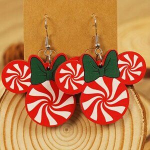 Wooden Minnie Candy Cane Swirl Holiday Earrings - NIP